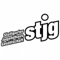 stjg-Logo mit weißer Schrift und schwarzer Umrandung